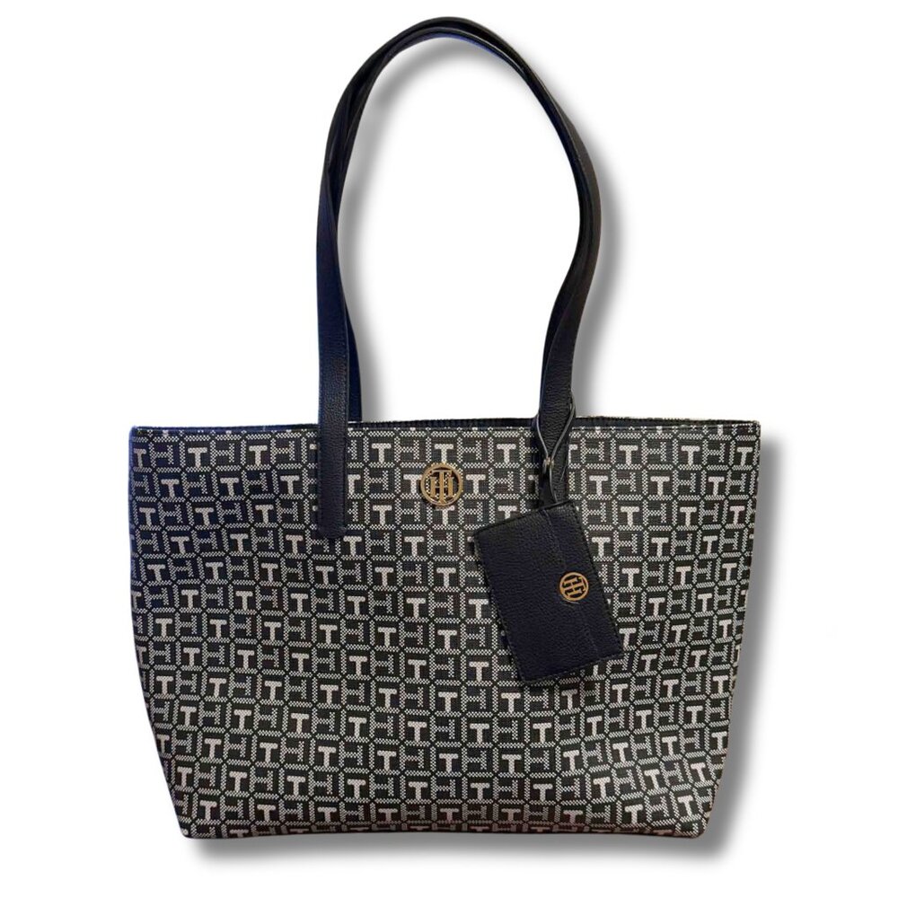 Tommy Hilfiger Black TH Logo Monogram Tote Bag & Pouch – NWT $138 • Great Gift!